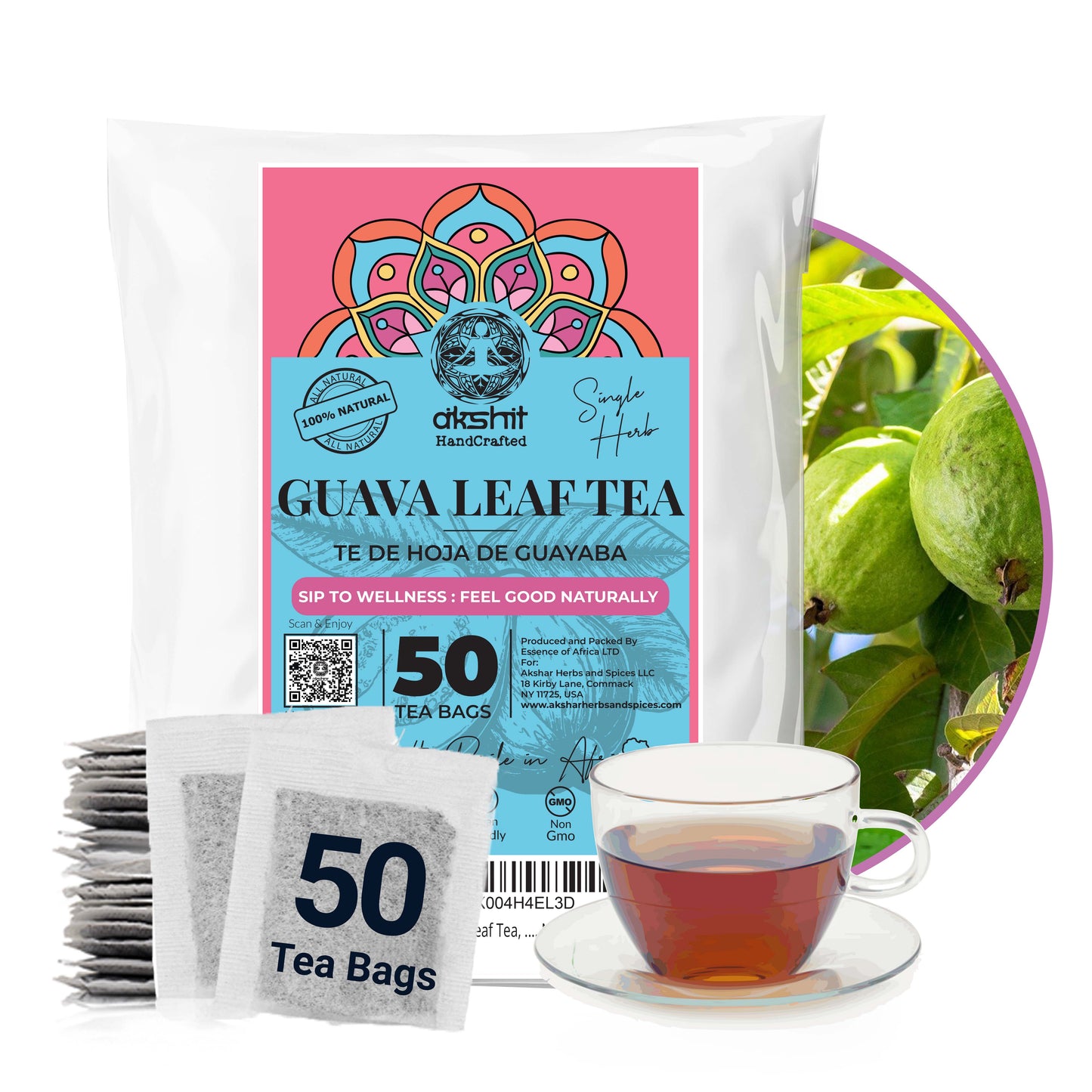 Guava Leaf Tea - 50 Bags, 100% Pure Guava Leaves (Té De Hoja de Guayaba ) Stress Relieving, Herbal Tea- Non-GMO, Vegan, Caffeine-Free