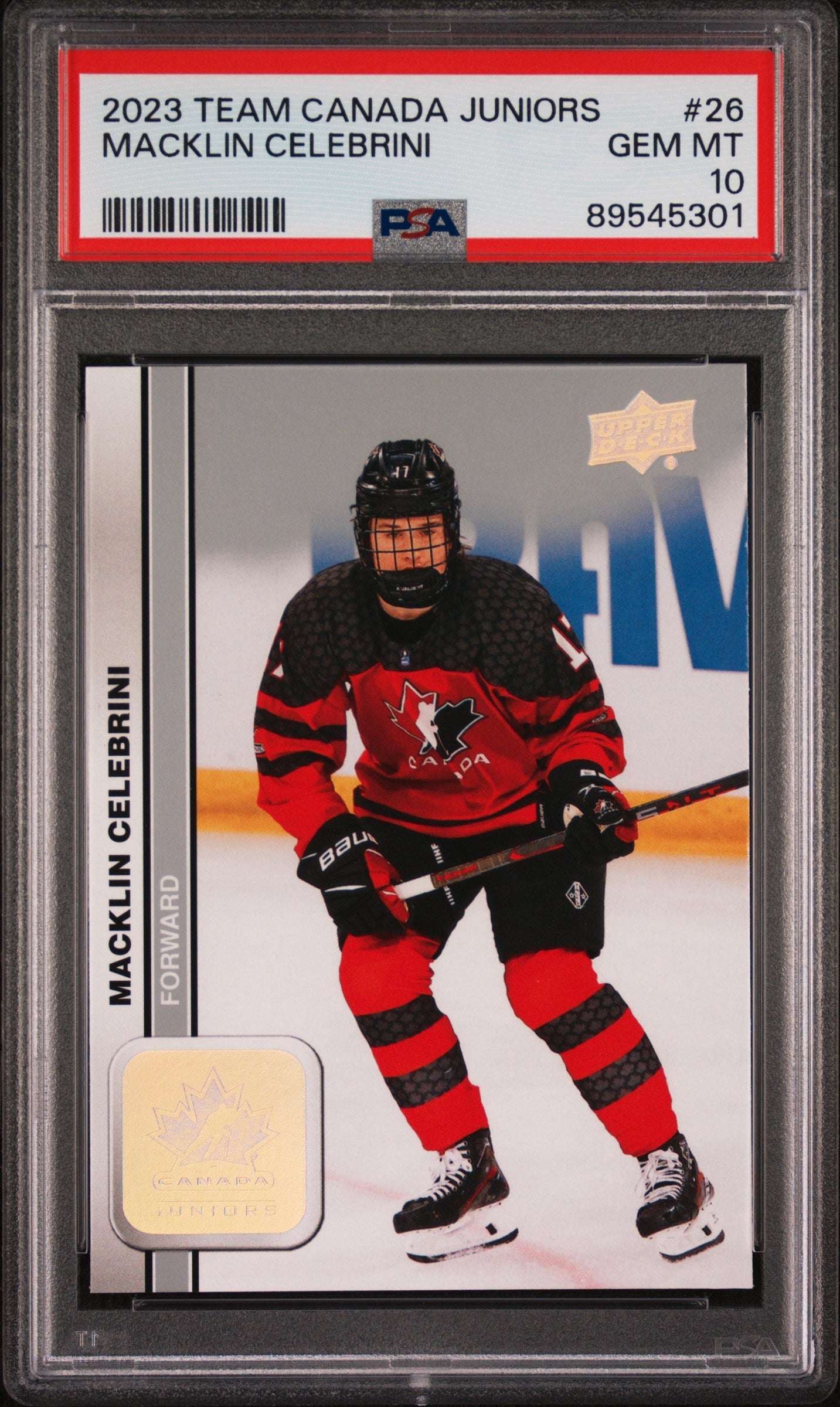 Graded 2023 Upper Deck Team Canada Juniors Macklin Celebrini #26 Rookie RC Hockey Card PSA 10 Gem Mint