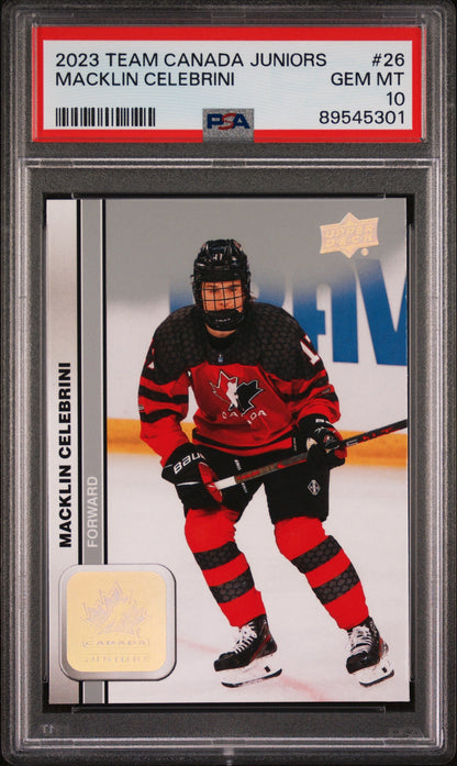 Graded 2023 Upper Deck Team Canada Juniors Macklin Celebrini #26 Rookie RC Hockey Card PSA 10 Gem Mint