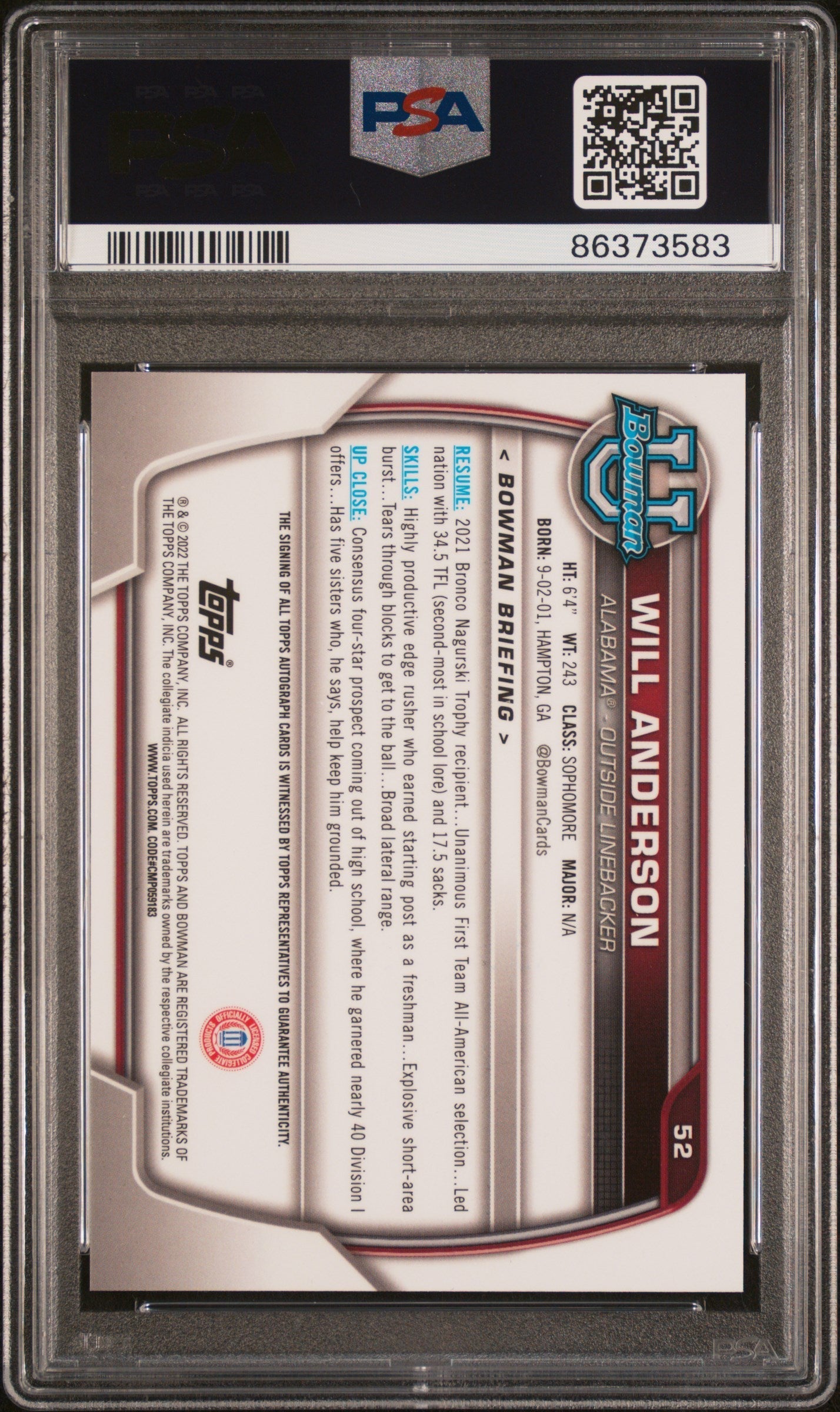 Graded 2022 Bowman University Will Anderson #52 Chrome Prospects Autograph Rookie RC Football Card PSA 10 Gem Mint
