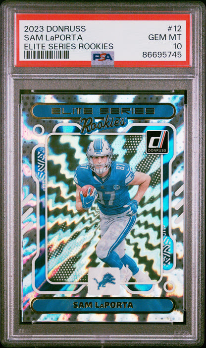 Graded 2023 Panini Donruss Sam LaPorta #12 Elite Series Rookies RC Football Card PSA 10 Gem Mint