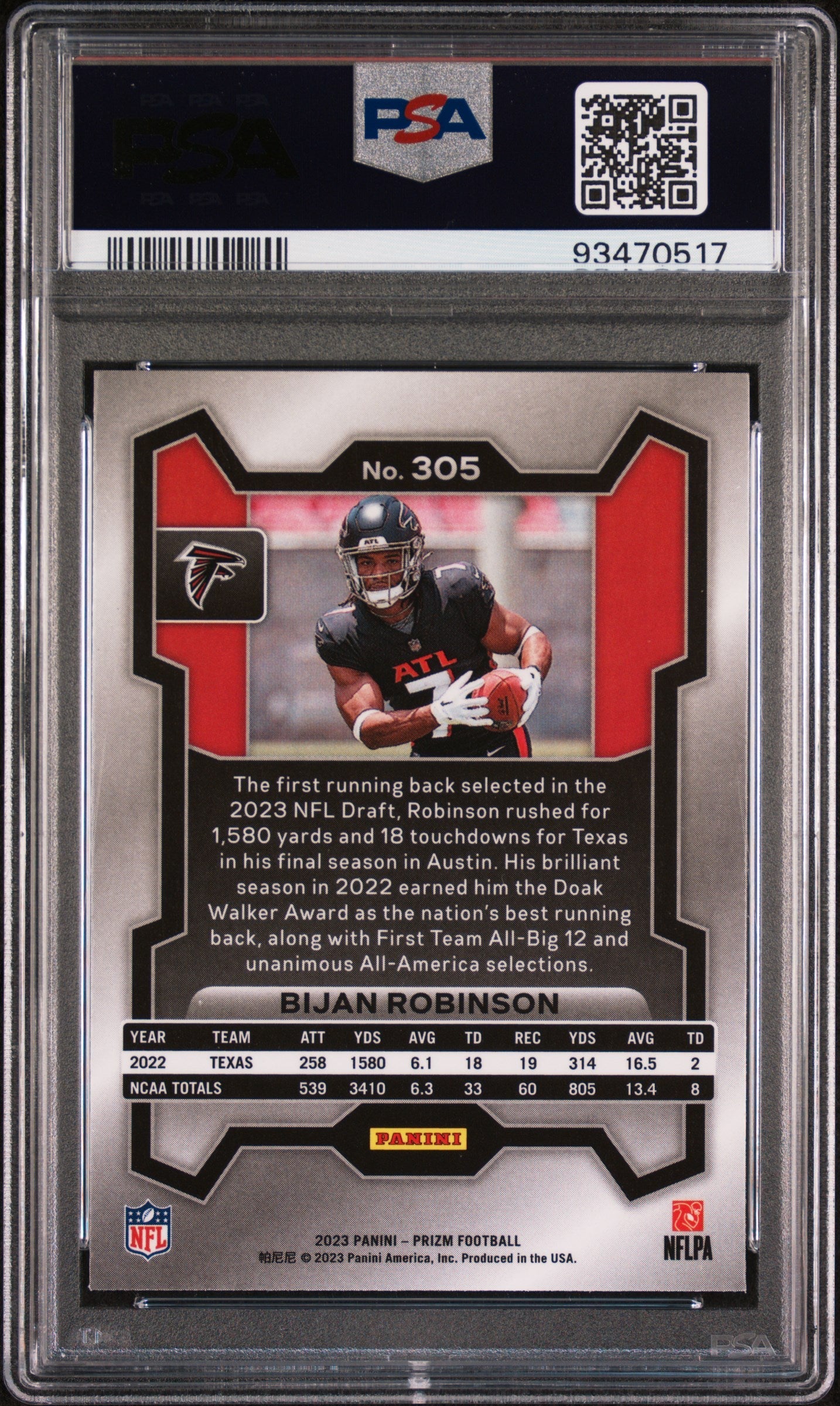 Graded 2023 Panini Prizm Bijan Robinson #305 Rookie RC Football Card PSA 10 Gem Mint