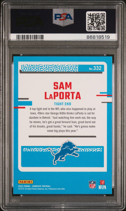 Graded 2023 Panini Donruss Sam LaPorta #332 Rookie RC Football Card PSA 10 Gem Mint