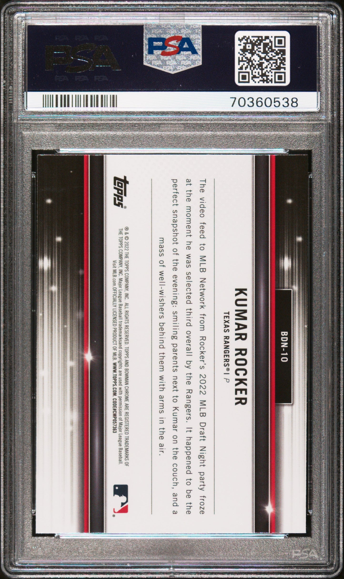 Graded 2022 Topps Bowman Draft Kumar Rocker #BDN10 Bowman Draft Night Rookie RC Baseball Card PSA 10 Gem Mint