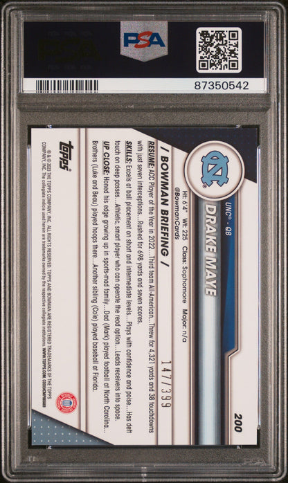 Graded 2023 Topps Bowman U Chrome Drake Maye #200 Purple Mini Diamond #/399 Rookie RC Football Card PSA 10 Gem Mint