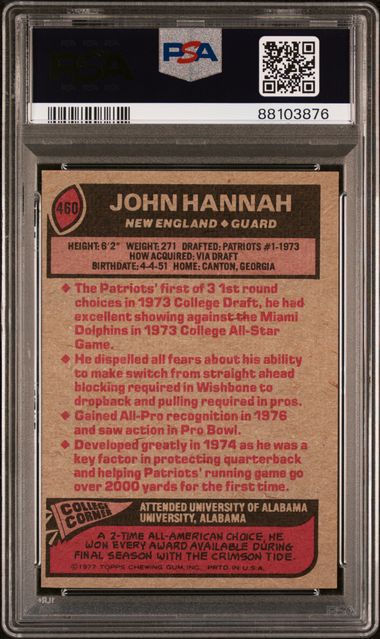 Graded 1977 Topps John Hannah #460 Football Card PSA 9 Mint