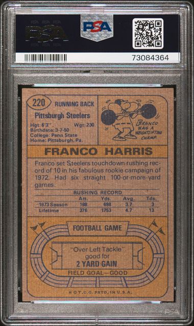 Graded 1974 Topps Franco Harris #220 2nd Year Football Card PSA 7 Near Mint