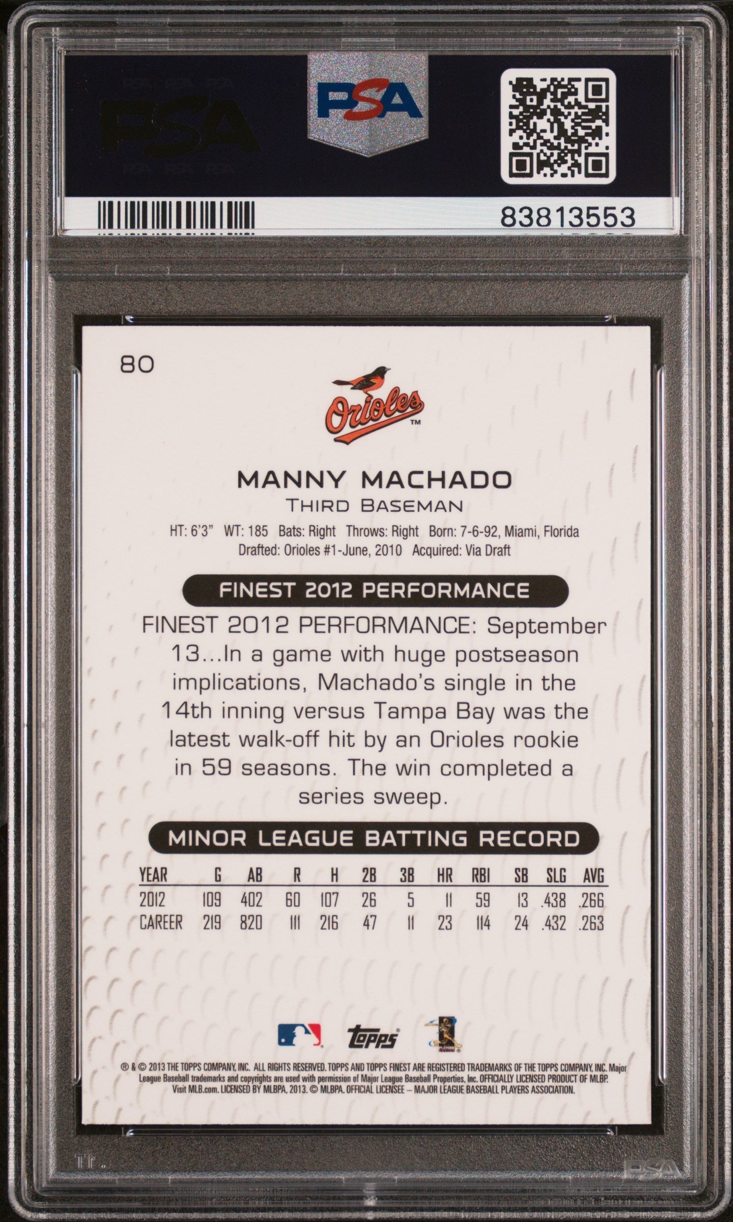 Graded 2013 Topps Finest Manny Machado #80 Rookie RC Baseball Card PSA 10 Gem Mint