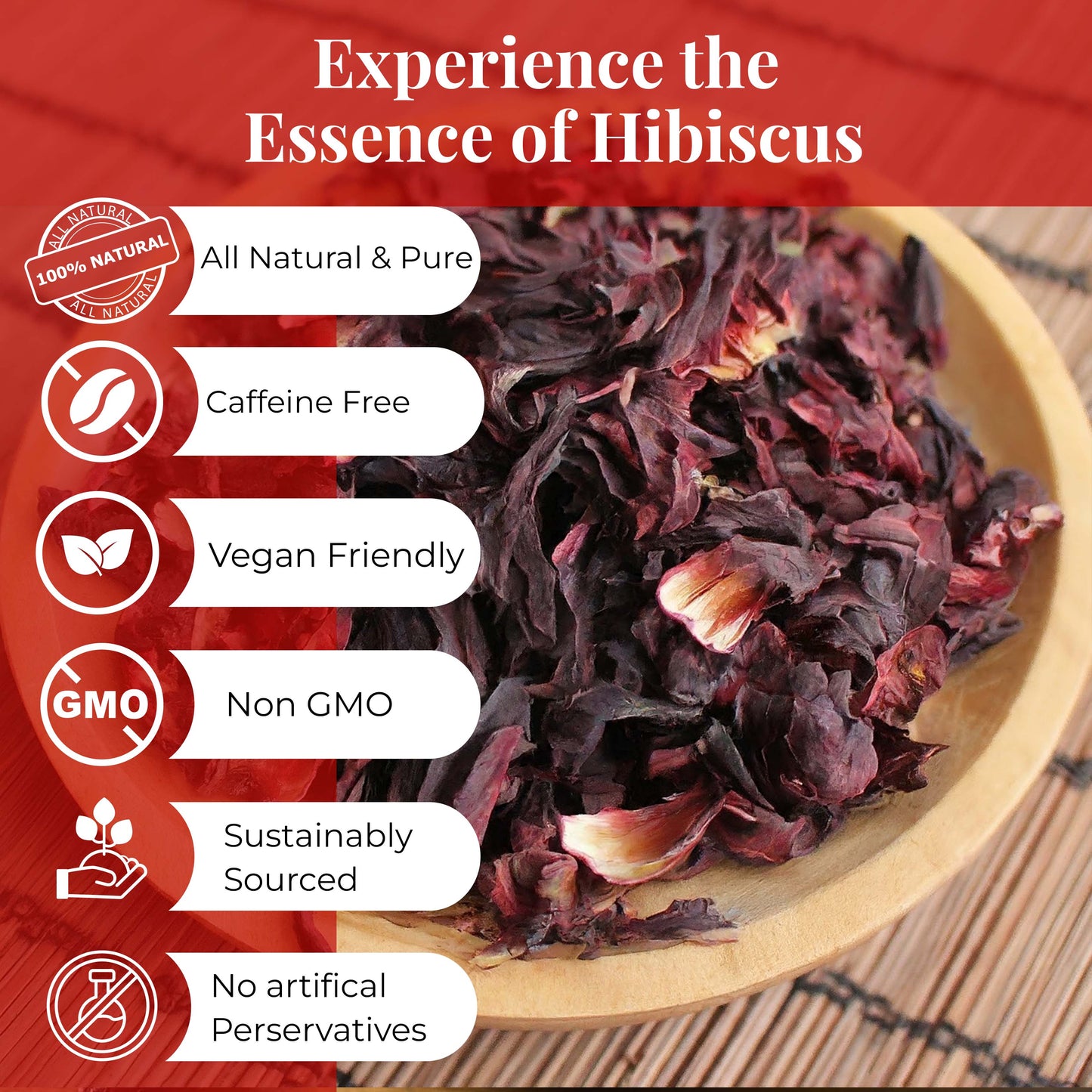 Dried Hibiscus Flowers 5oz – Loose Leaf Herbal Tea | Caffeine-Free, Non-GMO, Vegan