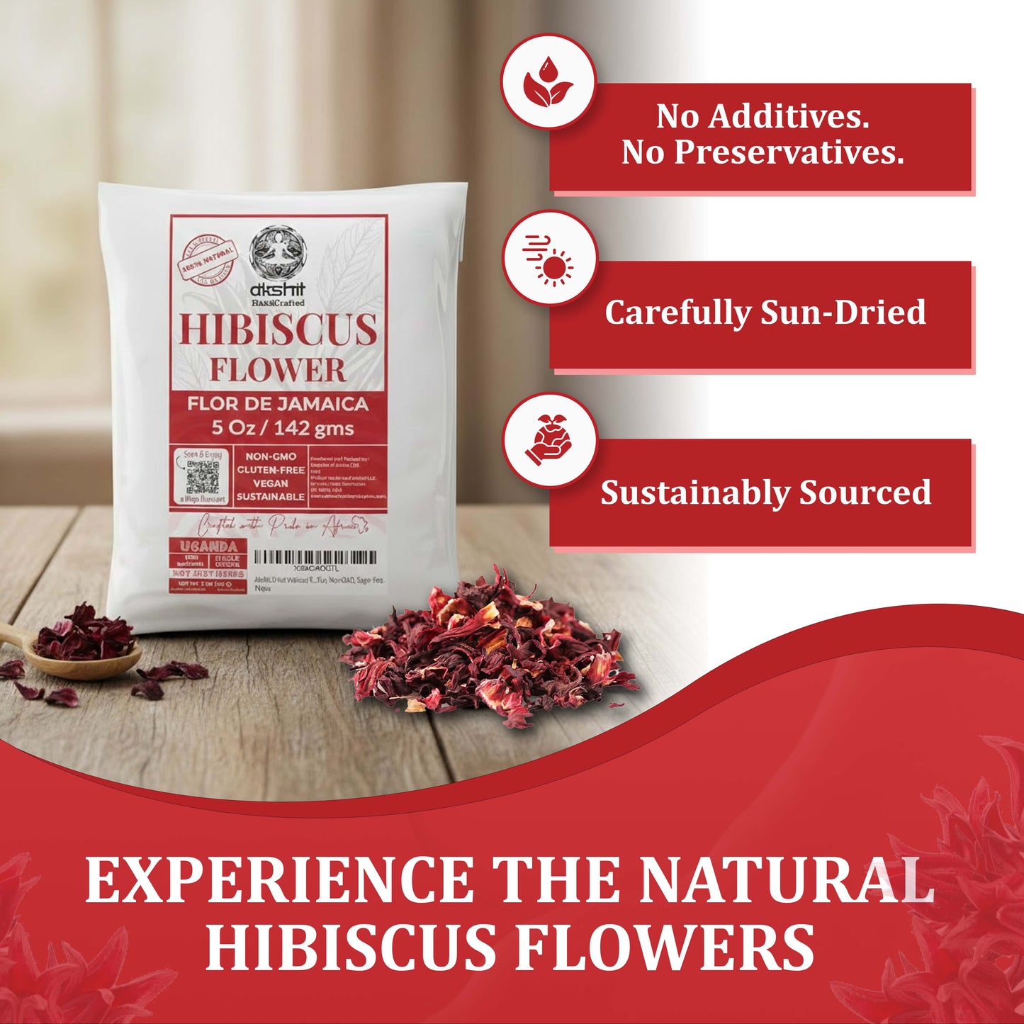 Dried Hibiscus Flowers 5oz – Loose Leaf Herbal Tea | Caffeine-Free, Non-GMO, Vegan