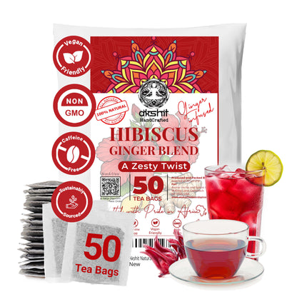 Akshit 50 Hibiscus Ginger Tea Bags – Natural Hibiscus Tea Blend with Hibiscus Flowers & Ginger Root, Stress Relieving & Energy Tea
