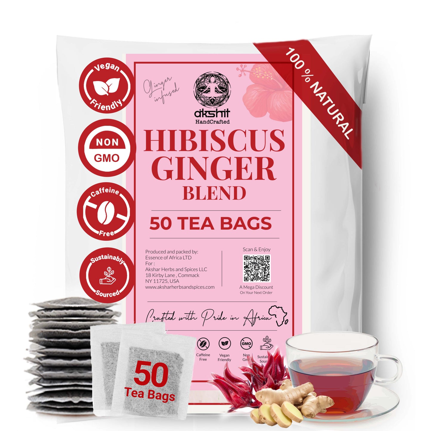 Akshit 50 Hibiscus Ginger Tea Bags – Natural Hibiscus Tea Blend with Hibiscus Flowers & Ginger Root