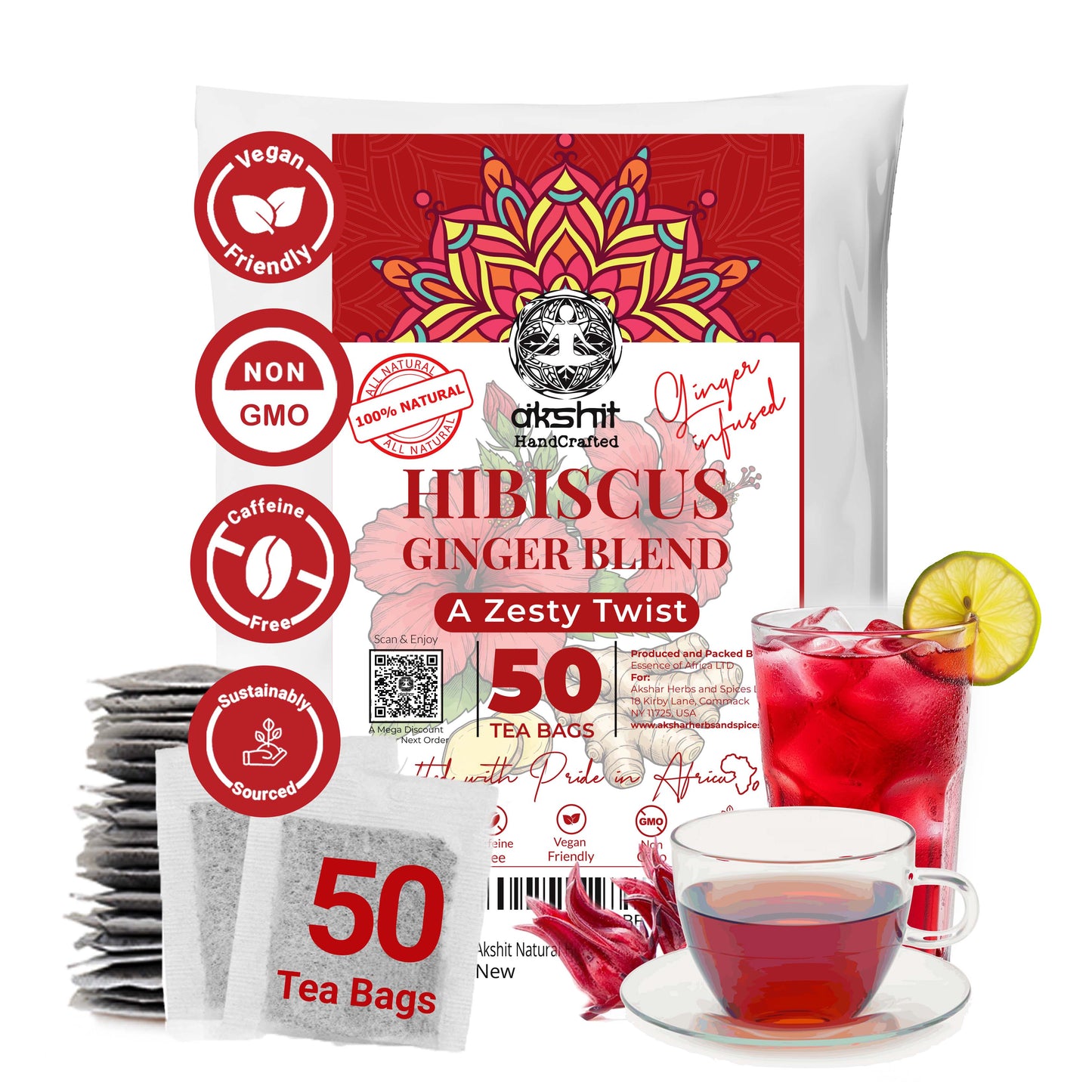 Akshit 50 Hibiscus Ginger Tea Bags – Natural Hibiscus Tea Blend with Hibiscus Flowers & Ginger Root