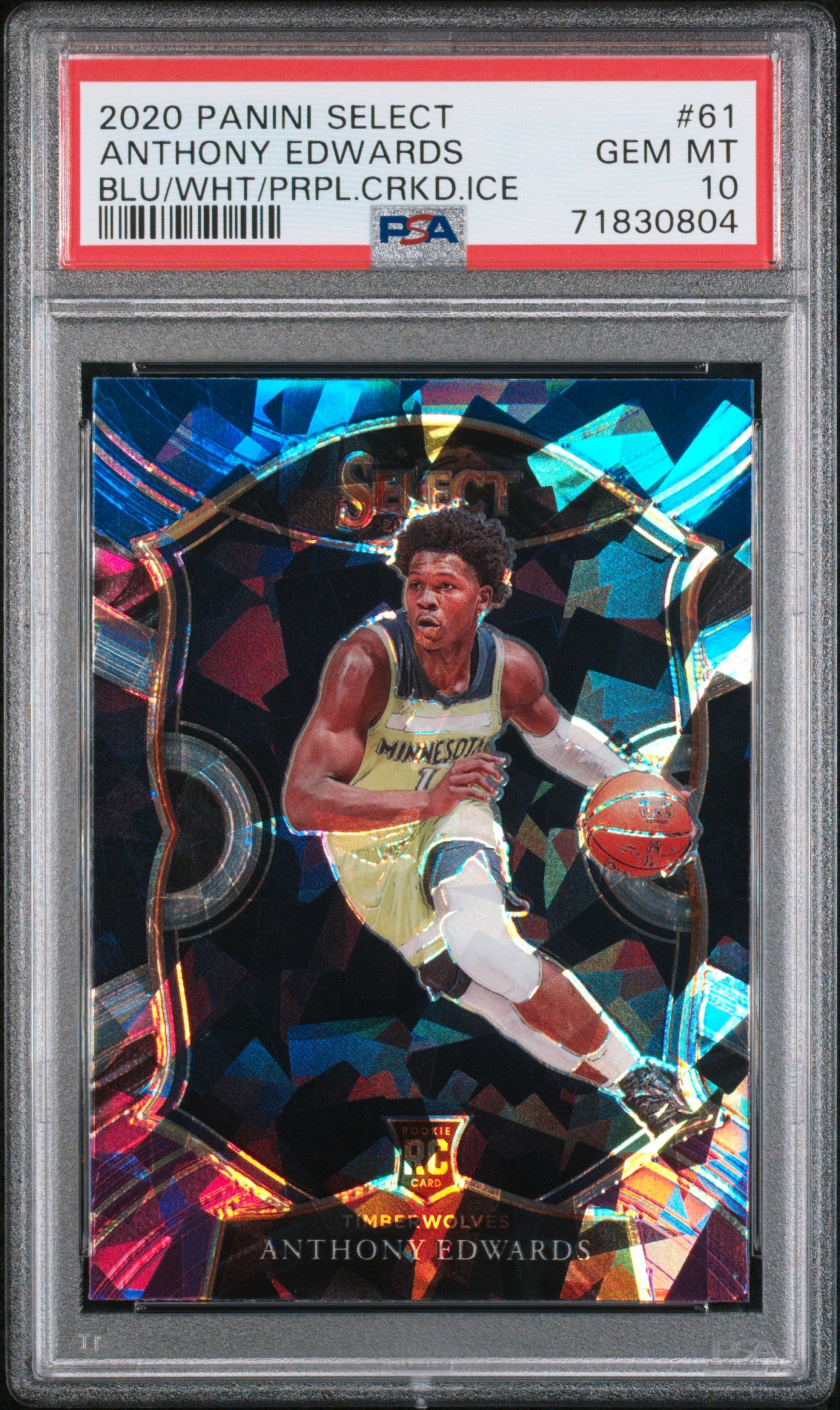 Graded 2020-21 Panini Select Anthony Edwards #61 Blue White Purple Cracked Ice Rookie RC Basketball Card PSA 10 Gem Mint