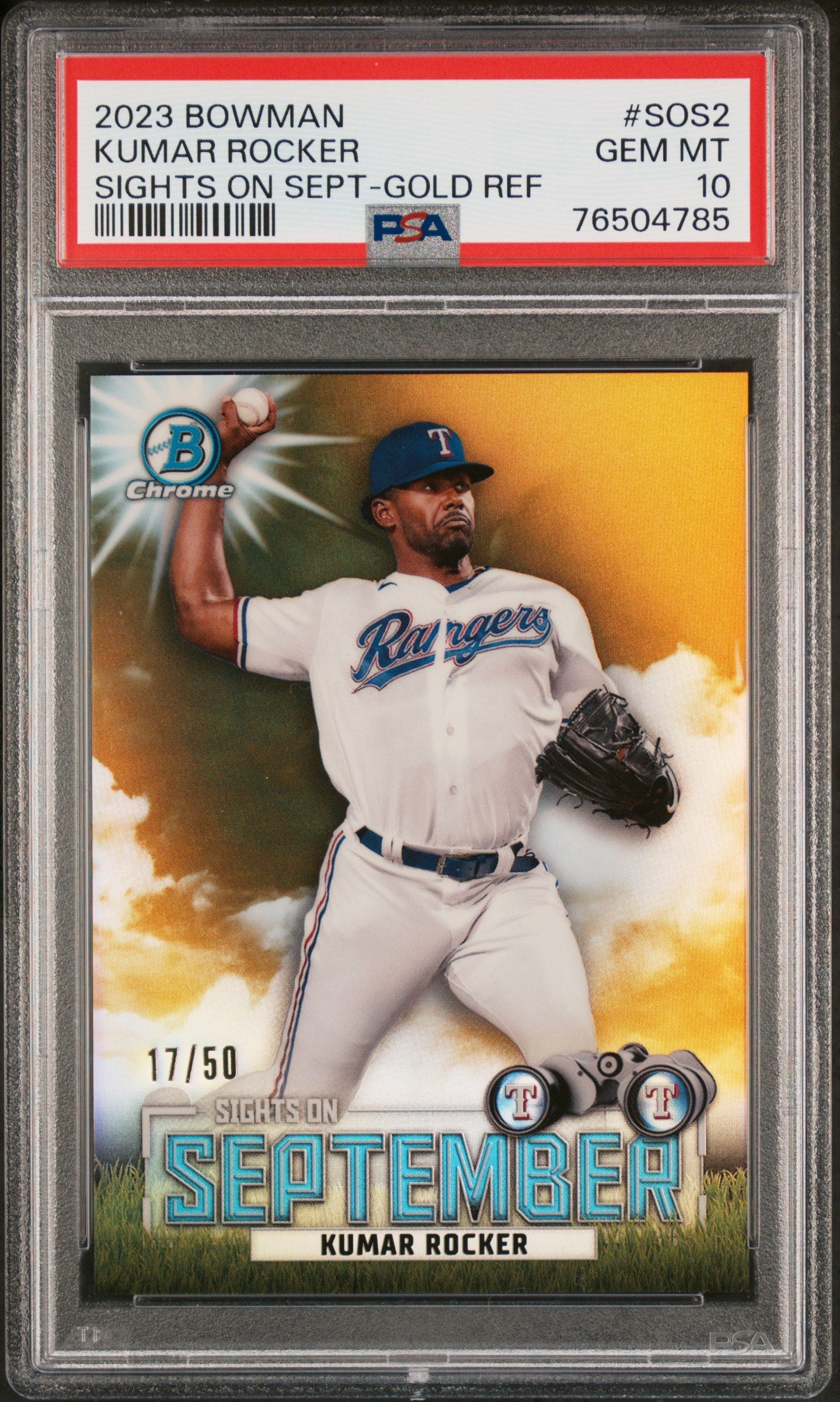 Graded 2023 Topps Bowman Kumar Rocker #SOS2 Sights on September Gold Refractor #/50 Rookie RC Baseball Card PSA 10 Gem Mint