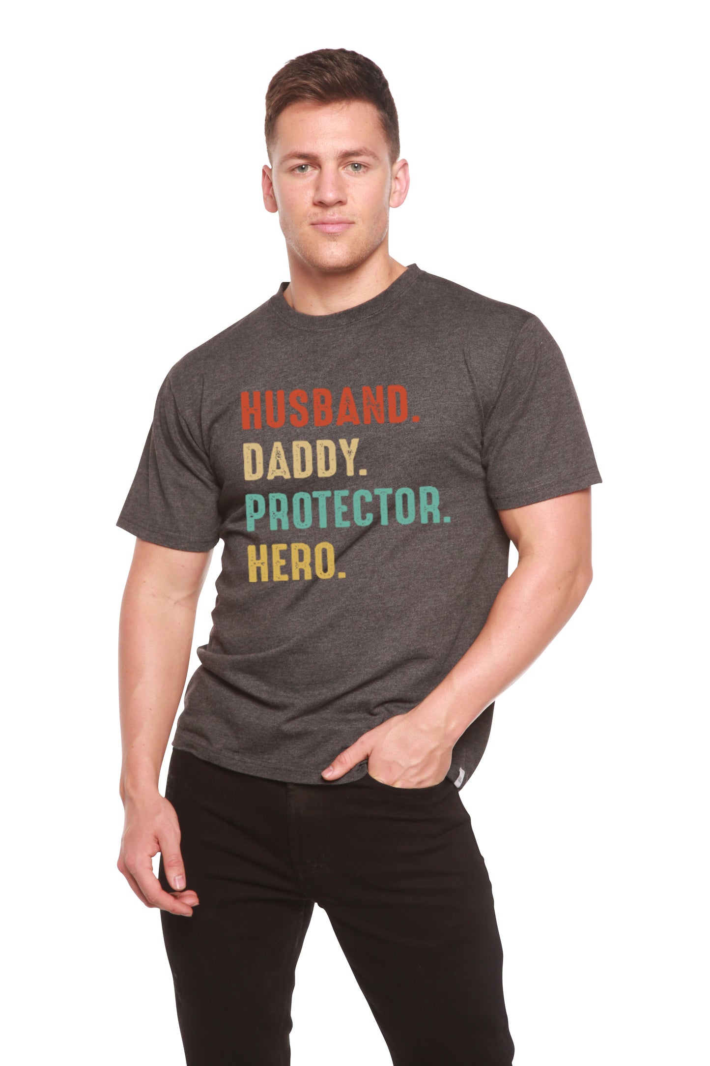 Husband, Daddy, Protector, Hero Men's Bamboo Viscose/Organic Cotton Short Sleeve Graphic T-Shirt