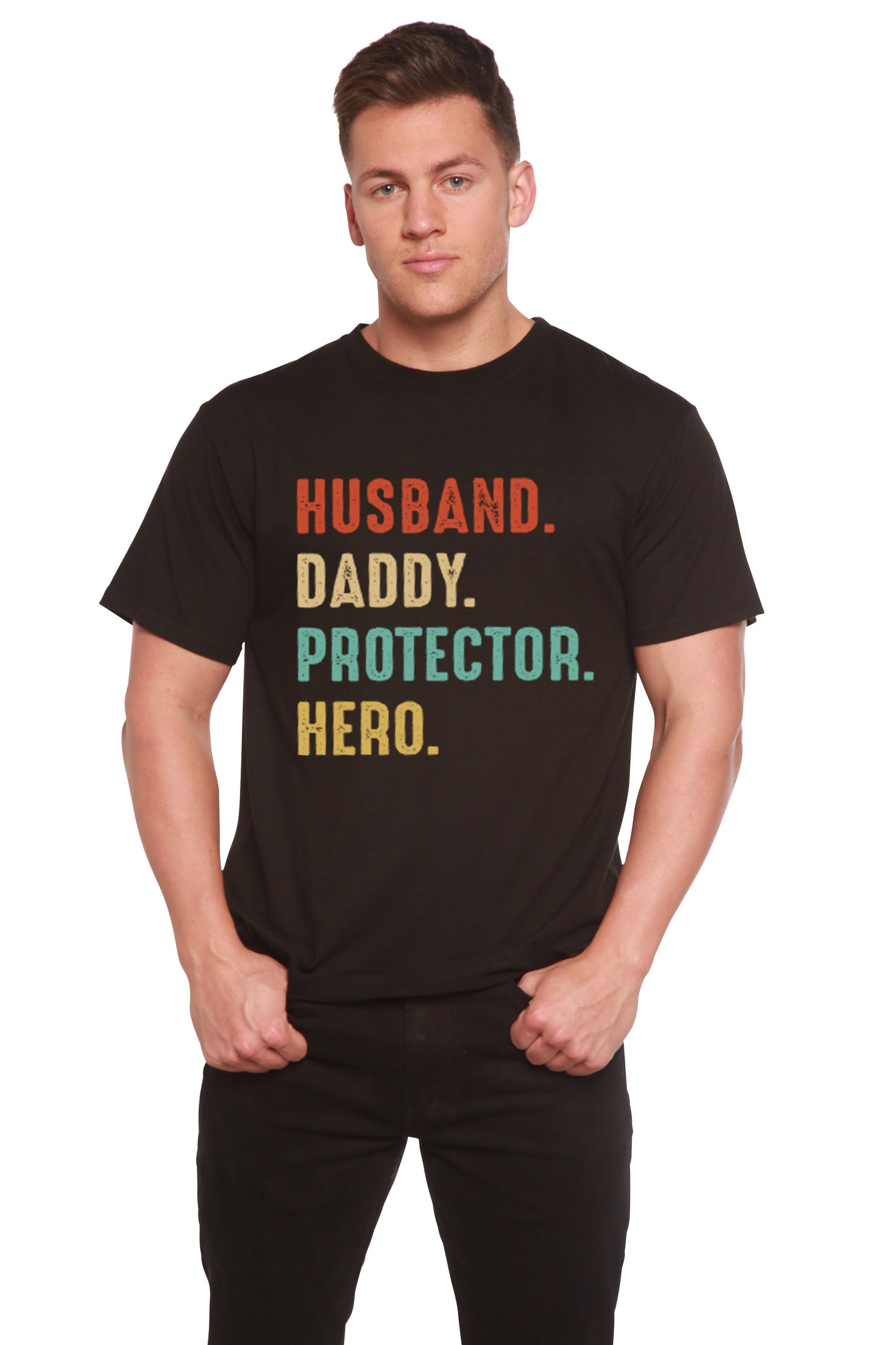 Husband, Daddy, Protector, Hero Men's Bamboo Viscose/Organic Cotton Short Sleeve Graphic T-Shirt