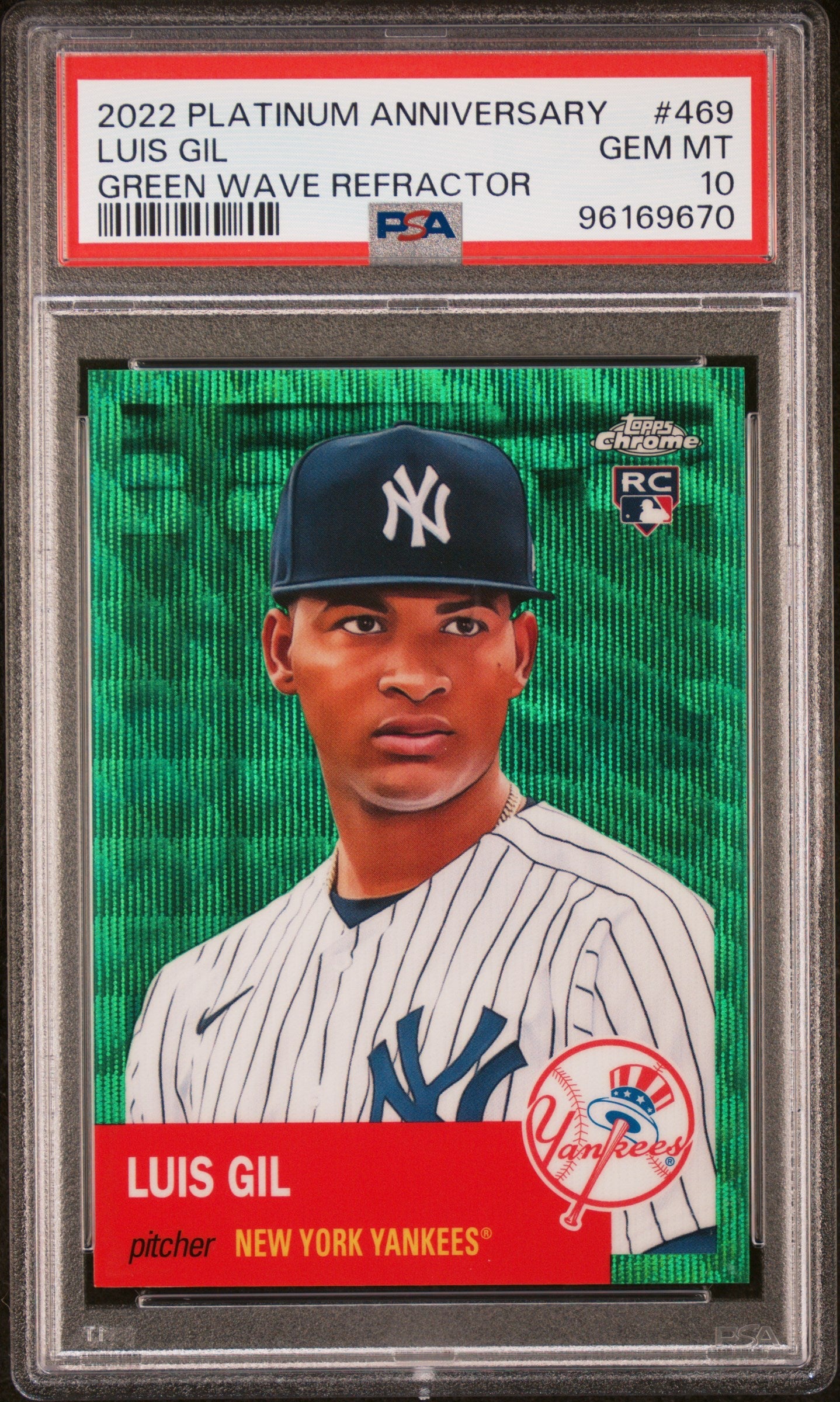 Graded 2022 Topps Platinum Anniversary Luis Gil #469 Green Wave Refractor #/99 Rookie RC Baseball Card PSA 10 Gem Mint