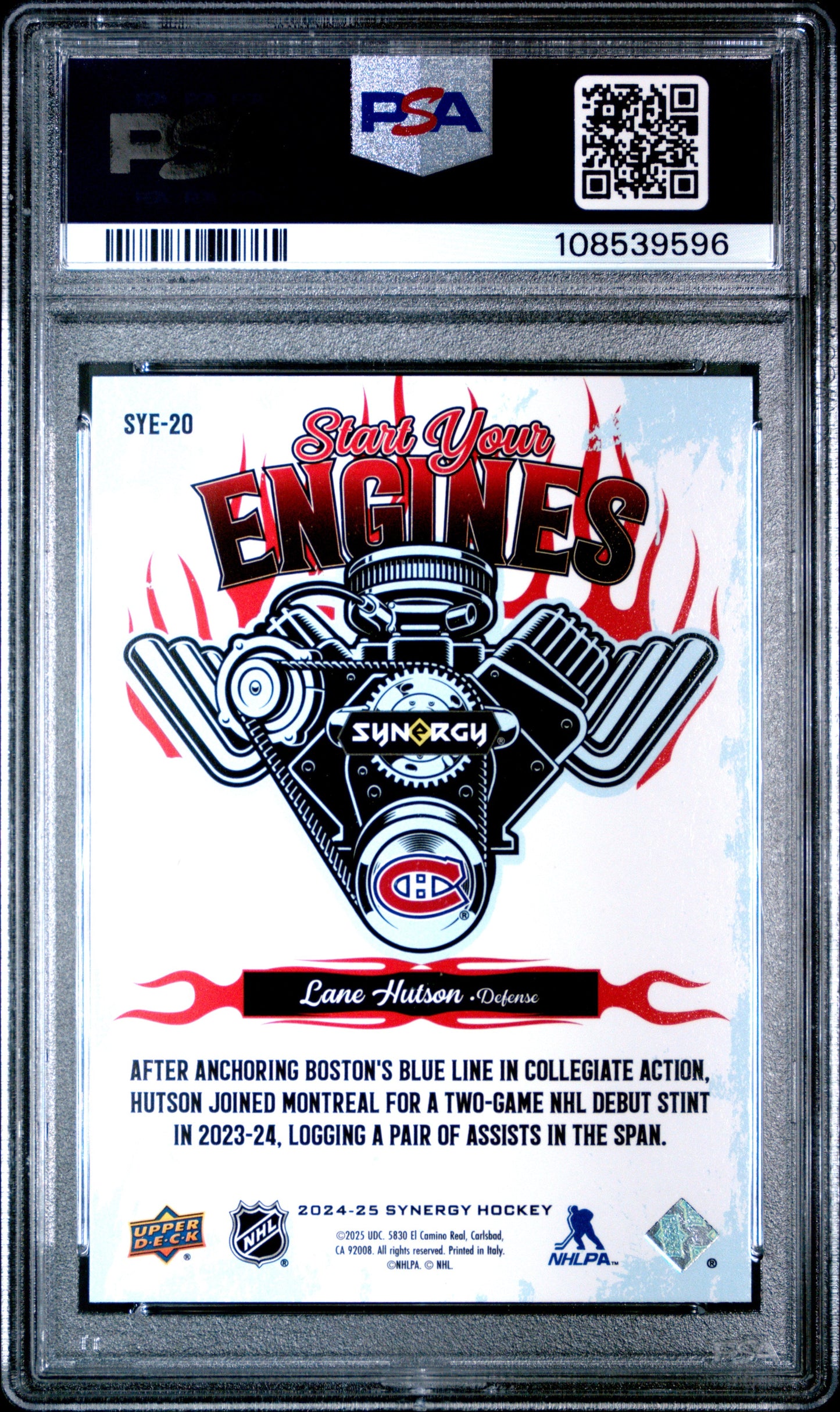 Graded 2024 Upper Deck Synergy Lane Hutson #SYE20 Start Your Engines Rookie RC Hockey Card PSA 10 Gem Mint