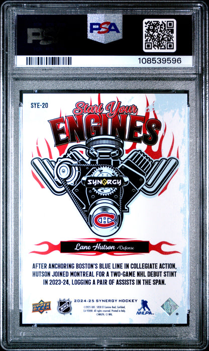 Graded 2024 Upper Deck Synergy Lane Hutson #SYE20 Start Your Engines Rookie RC Hockey Card PSA 10 Gem Mint