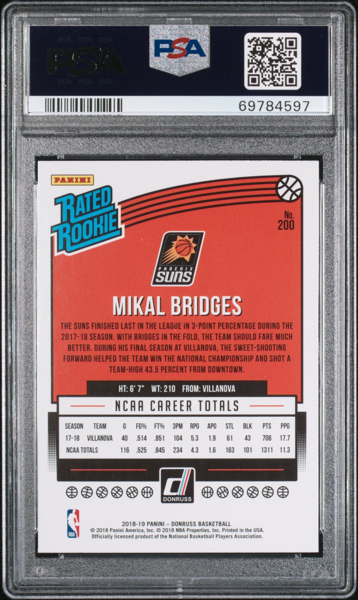 Graded 2018 Panini Donruss Mikal Bridges #200 Rookie RC Basketball Card PSA 10 Gem Mint