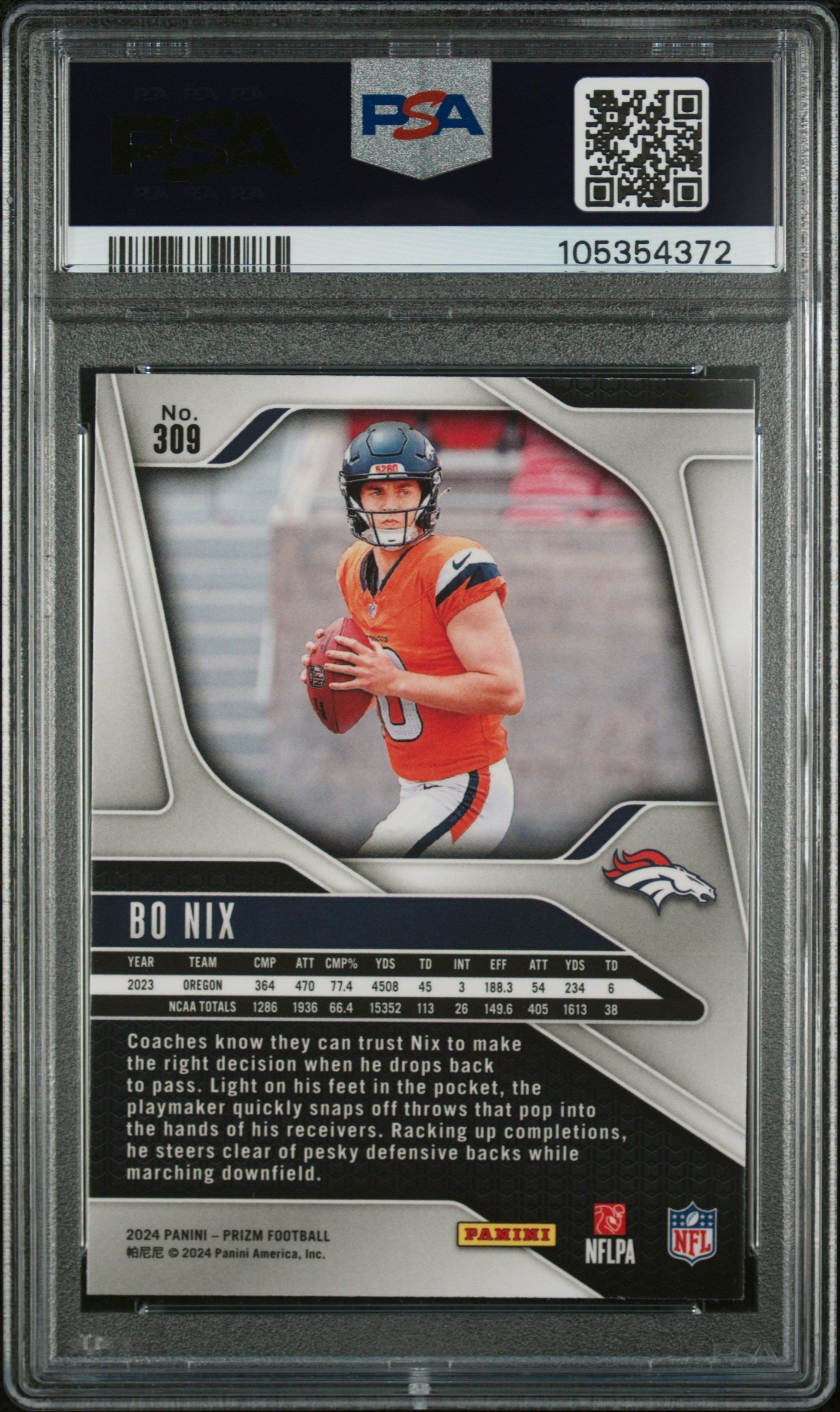 Graded 2024 Panini Prizm Bo Nix #309 Rookie RC Football Card PSA 10 Gem Mint