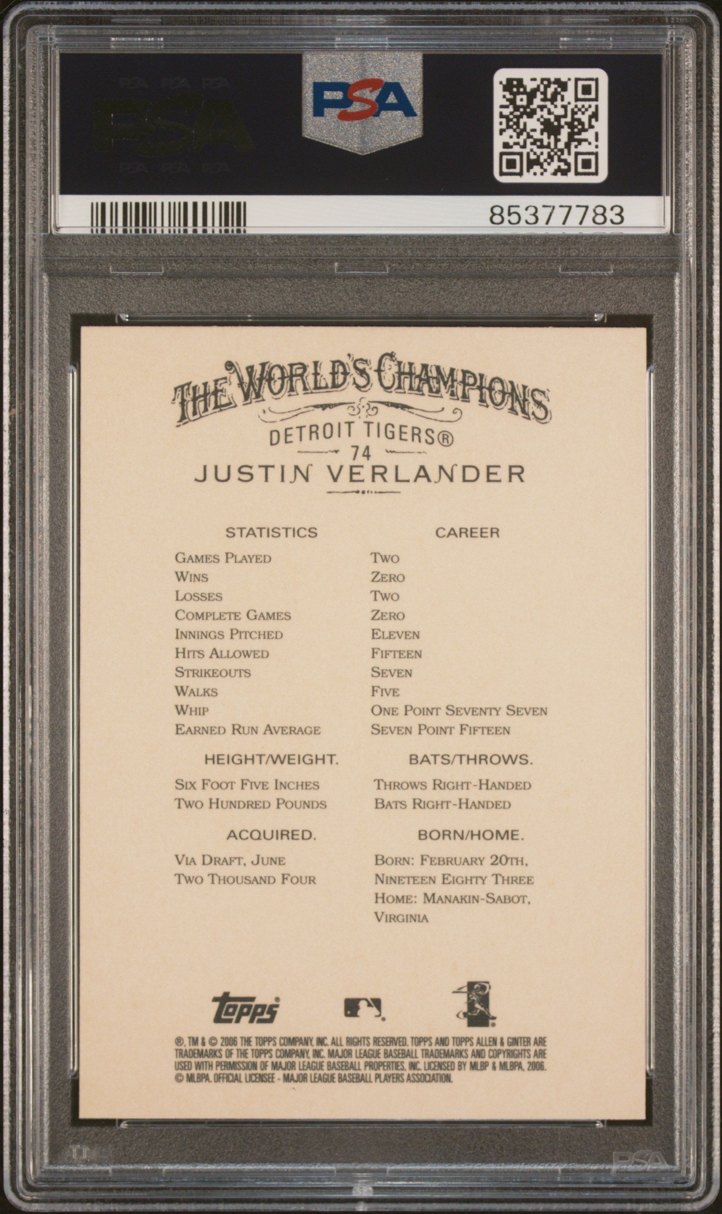Graded 2006 Topps Allen & Ginter Justin Verlander #74 Rookie RC Baseball Card PSA 10 Gem Mint