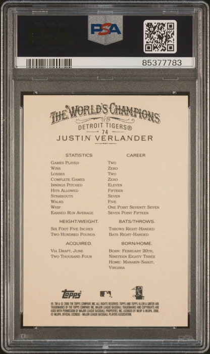 Graded 2006 Topps Allen & Ginter Justin Verlander #74 Rookie RC Baseball Card PSA 10 Gem Mint
