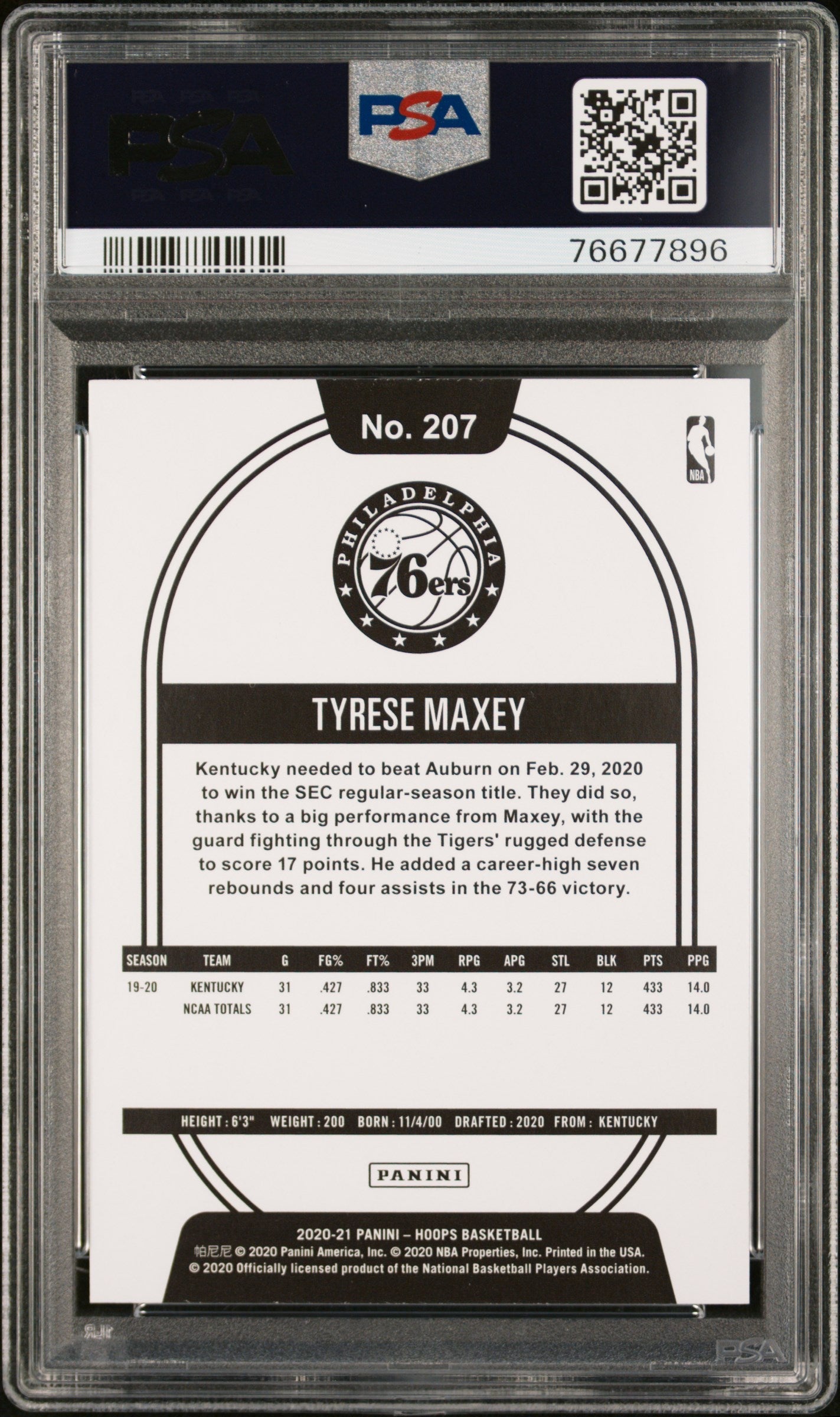 Graded 2020 Panini Hoops Tyrese Maxey #207 Teal Explosion Rookie RC Basketball Card PSA 10 Gem Mint