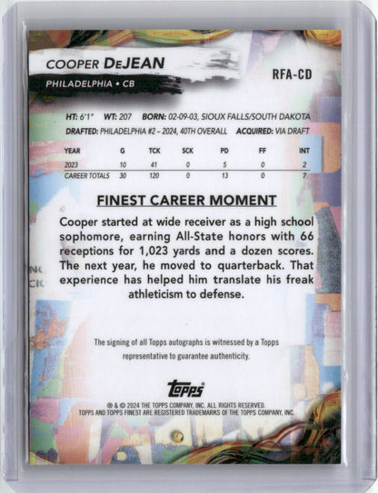 2024 Topps Finest Blue Refractor Cooper DeJean #RFA-CD /99 Auto Rookie RC Football Card