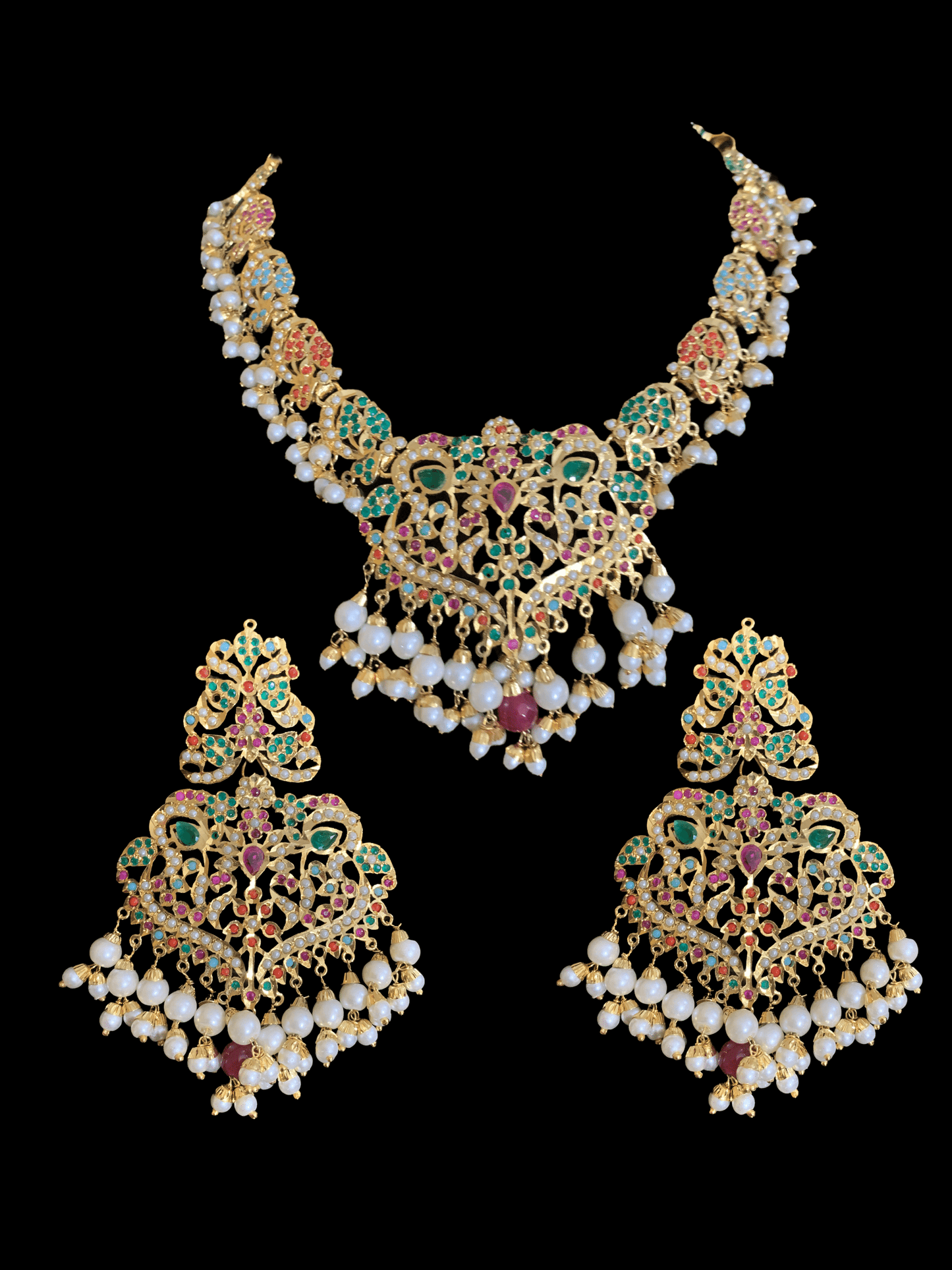 NS70 Neeli navratan jadau pearl necklace with earrings tika (READY TO SHIP )
