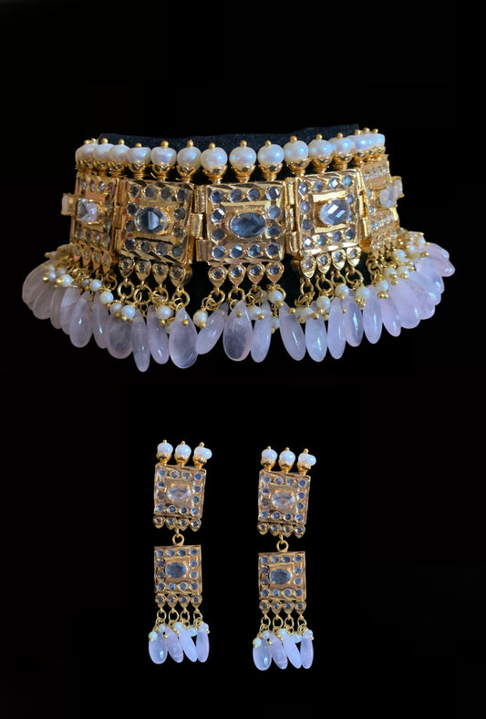 C152 Eeshal polki choker in rose quartz beads ( SHIPS IN 3 WEEKS )