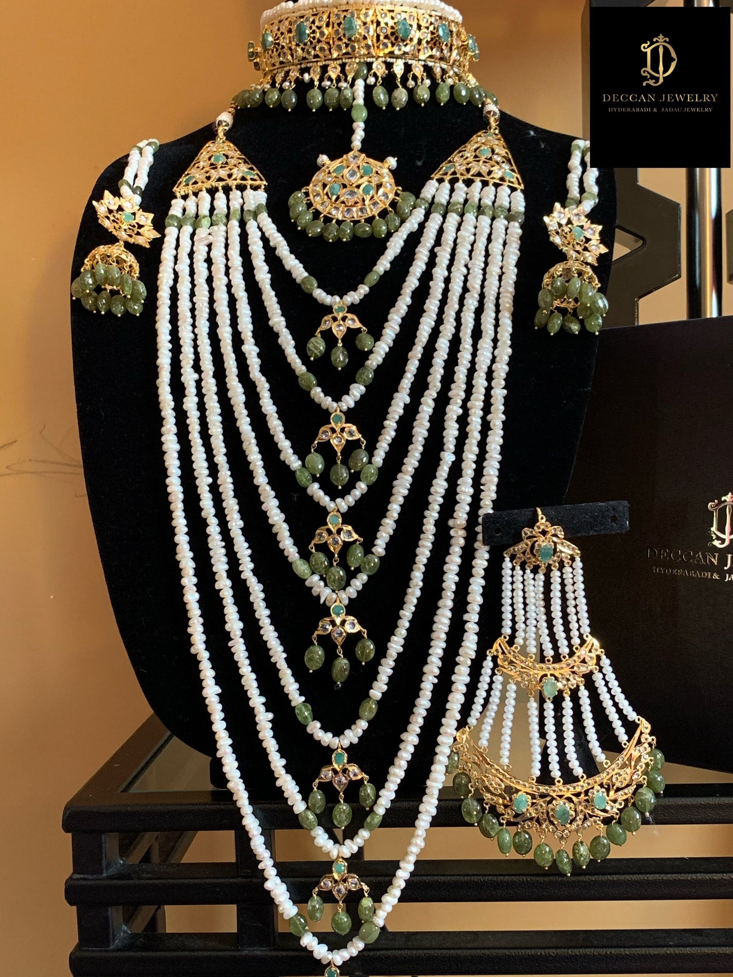 INSIA BRIDAL SET IN EMERALDS WITH FRESH WATER PEARLS ( SHIPS IN 2 WEEKS )