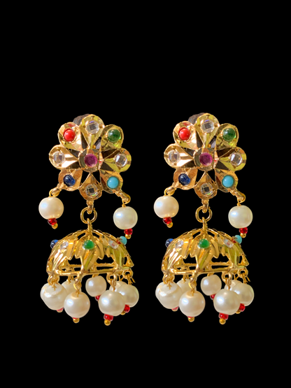 DER344 Navratan jhumka in flower tops ( SHIPS IN 3 WEEKS )