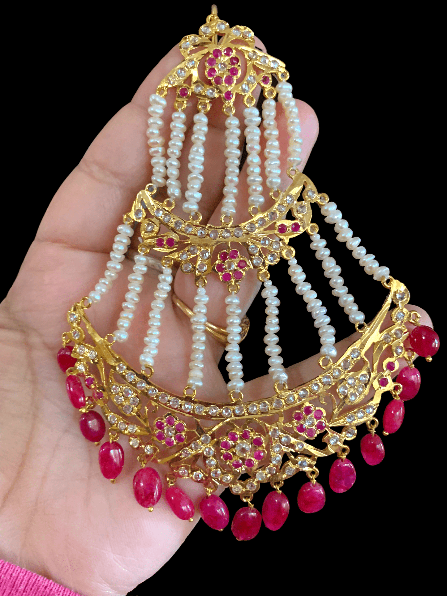 DJHR53 Insia jhoomar in fresh water pearls and ruby beads ( READY TO SHIP )