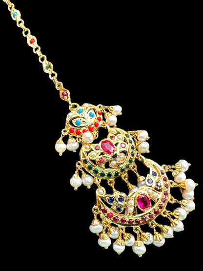Gold plated silver tika in navratan ( READY TO SHIP )