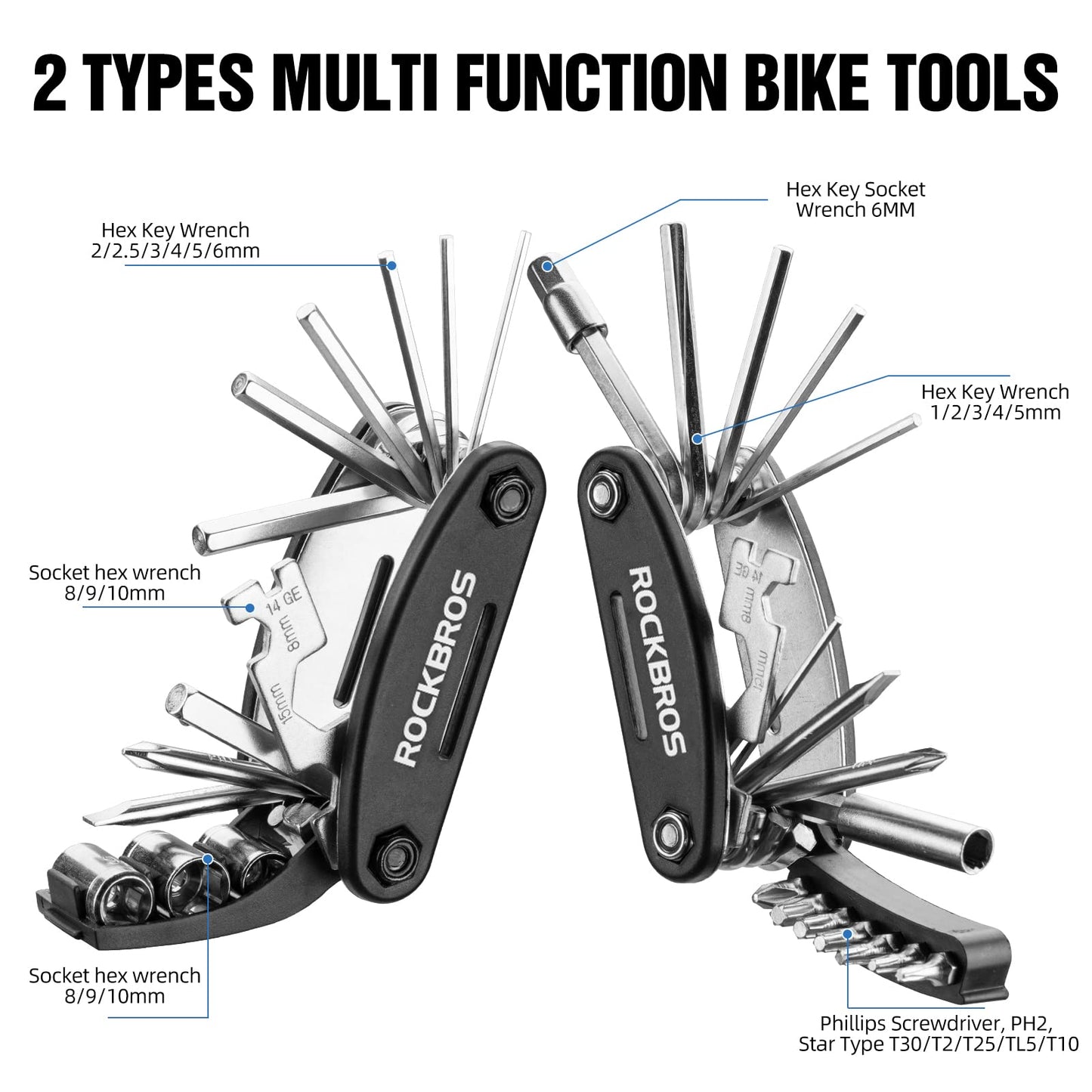 ROCKBROS Bike Foldable Repair Kit 16-in-1 Multi-Function Portable Allen Wrench and Tire Lever