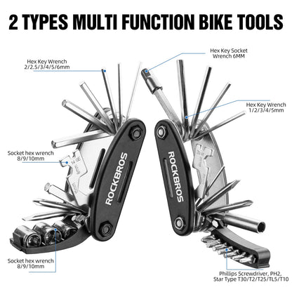 ROCKBROS Bike Foldable Repair Kit 16-in-1 Multi-Function Portable Allen Wrench and Tire Lever