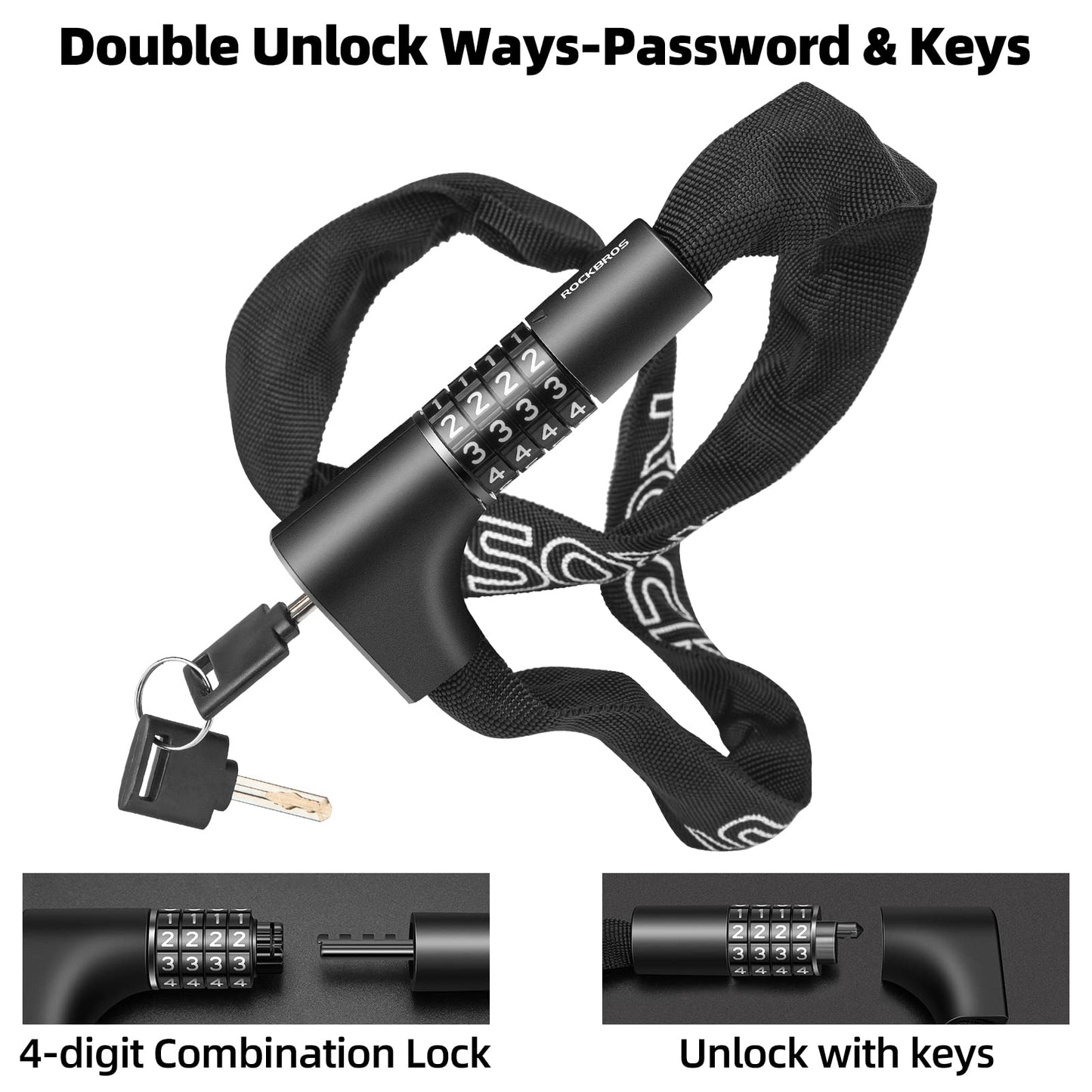 ROCKBROS 3.2FT Heavy Duty Bike Chain Lock Anti-Theft Security Lock Resettable Combination 2 Keys - Triathlete Store