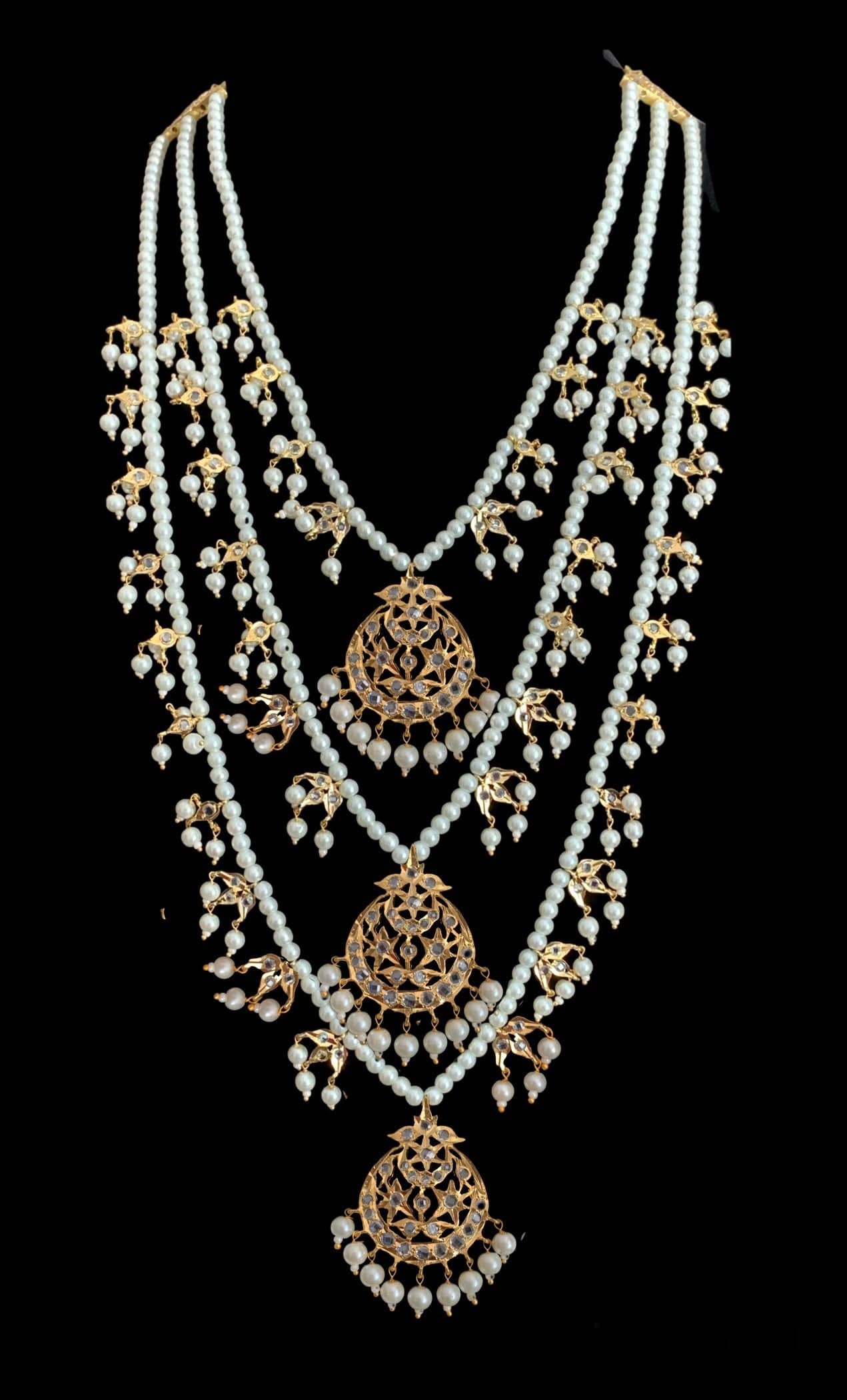 Tooba three layered pearl necklace with earrings and Tika ( SHIPS IN 4 WEEKS )