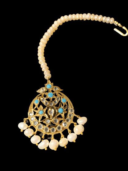 DJTK60 Lahar feroza and fresh water pearls  tika ( SHIPS IN 4 WEEKS )