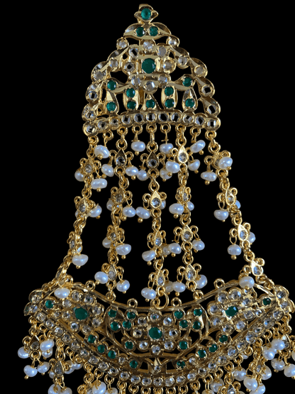 DJHR38  Bridal jhoomar in fresh water pearls - GREEN ( SHIPS IN 4 WEEKS )