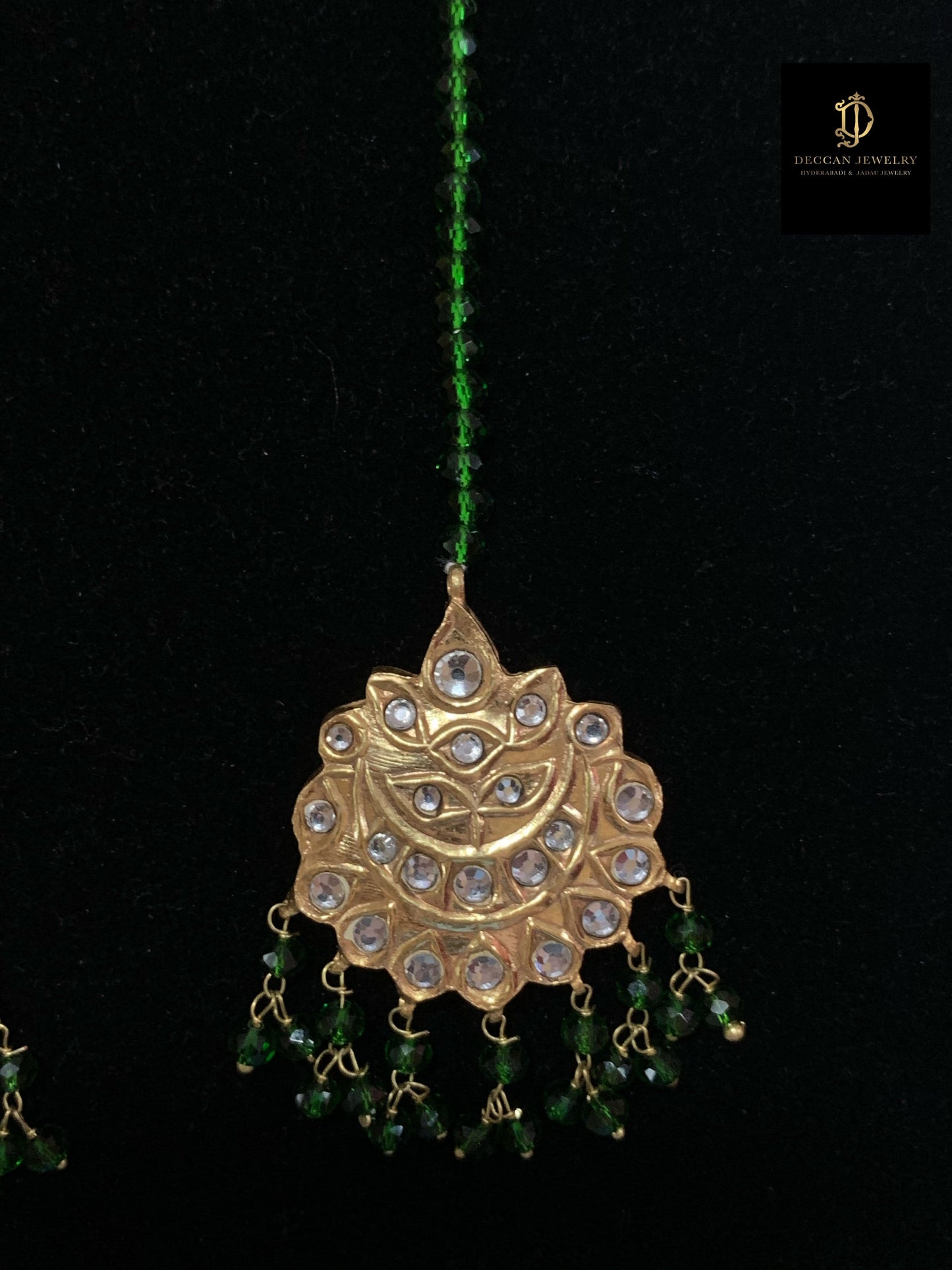 JTK21 Hiba kundan jhoomar tika ( green beads ) ( SHIPS IN 3 WEEKS  )