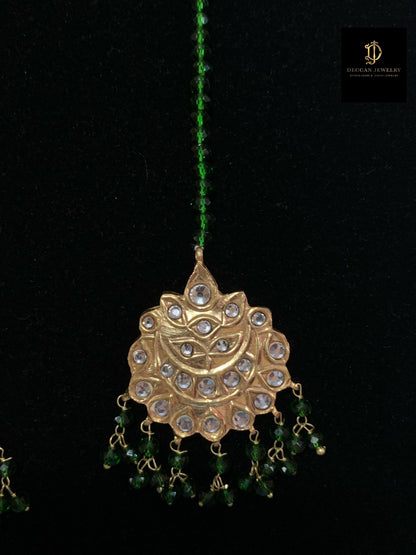 JTK21 Hiba kundan jhoomar tika ( green beads ) ( SHIPS IN 3 WEEKS  )
