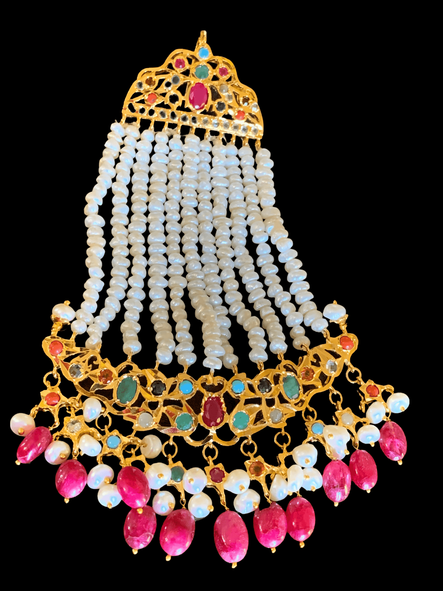 Hyderabadi navratan jhoomar in gold plated jhoomar ( SHIPS IN 4 WEEKS )