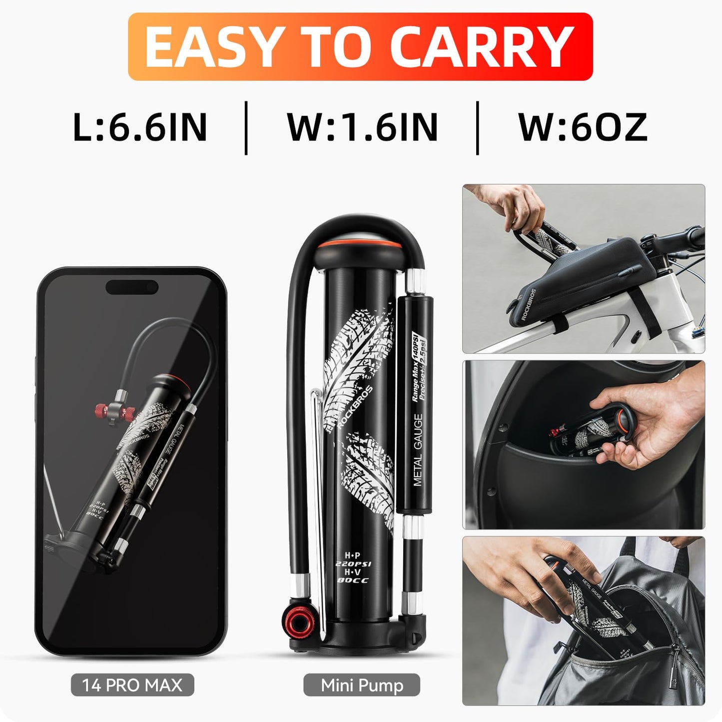 ROCKBROS Mini Portable Bike Pump with Hidden Gauge 220PSI