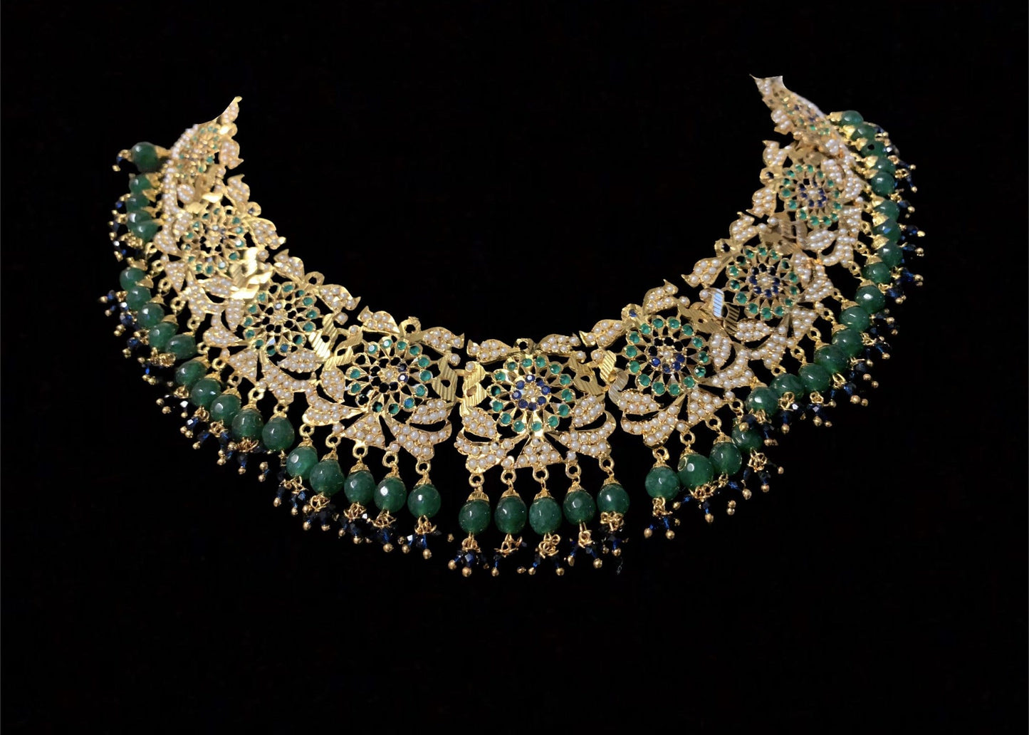 Rashmika jadau necklace with jhumka ( green blue ) ( READY TO SHIP )