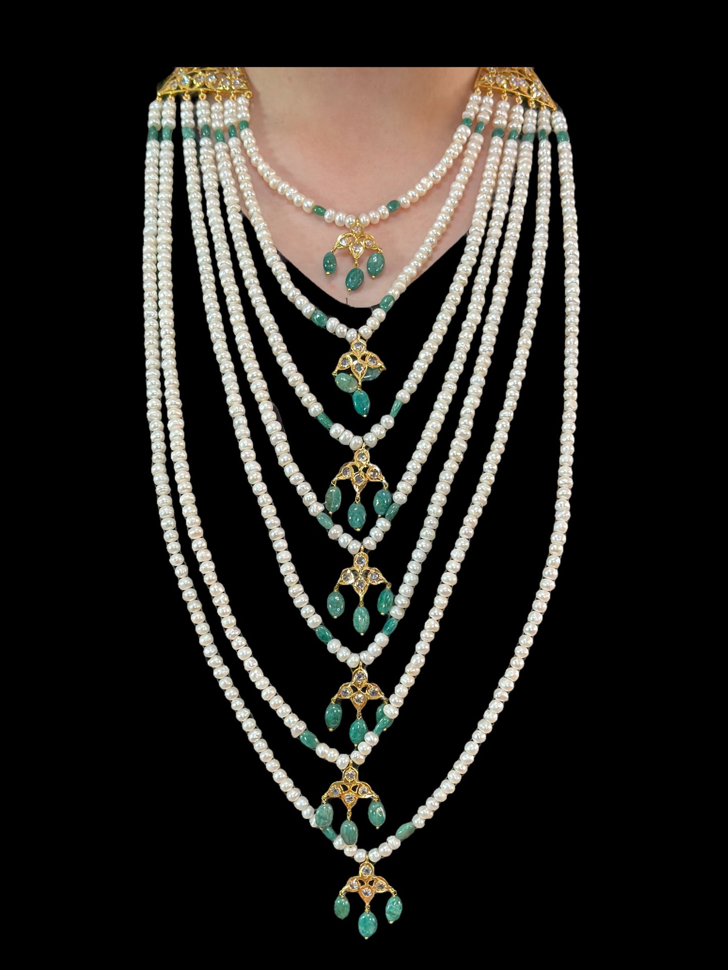 SAT77 Hyderabadi satlada in emerald beads and fresh water pearls ( SHIPS IN 2 WEEKS )