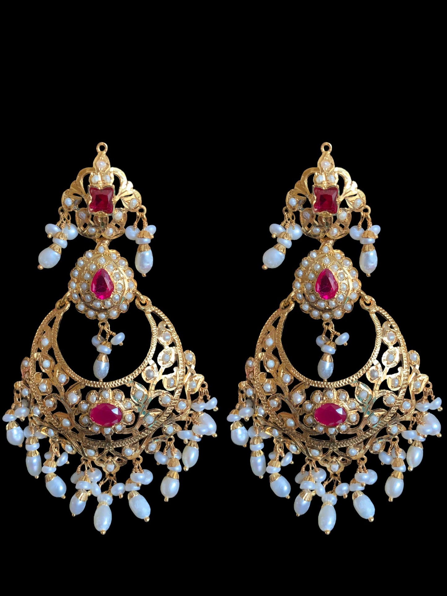 Nadine gold plated silver earrings in fresh water pearls and rubies ( SHIPS IN 4 WEEKS )