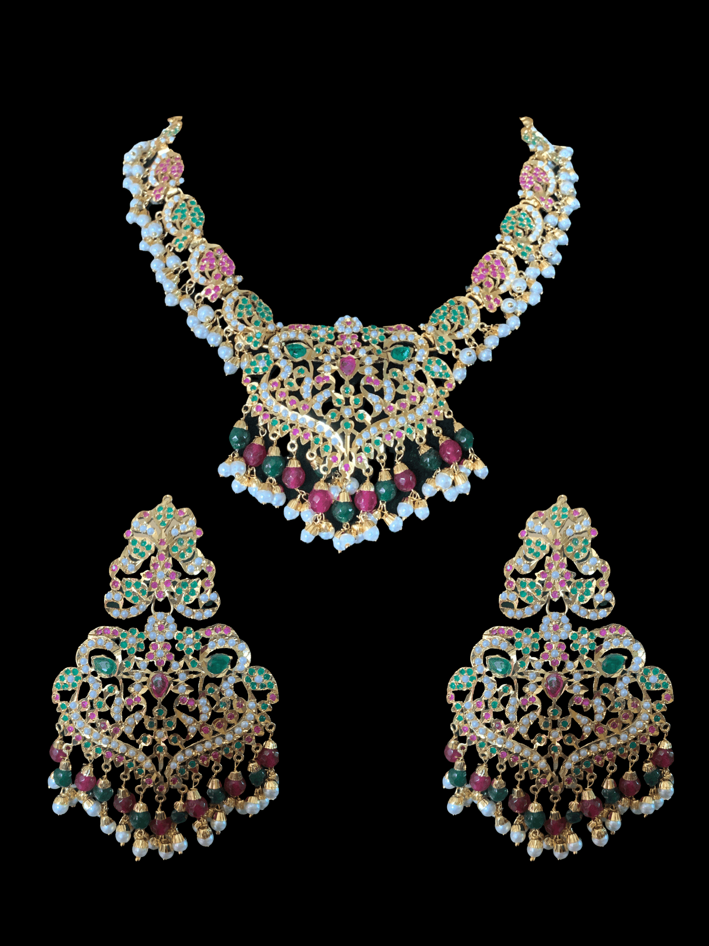 NS72 Neeli jadau pearl necklace with earrings tika in ruby emerald( READY TO SHIP )